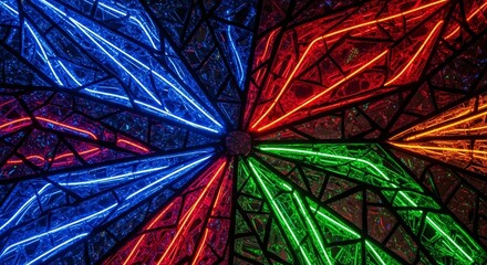 Vibrant neon light kaleidoscope, geometric pattern, modern abstract visual.