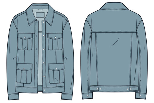 Utility Denim Jacket fashion flat sketch with patch pockets, front and back view, dusty blue, buttons, women, men, unisex CAD mockup.