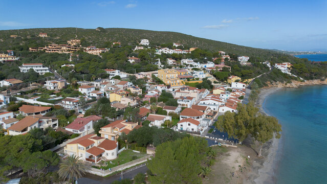 Coastal village and turquoise bay of Maladroxia in Sant Antioco.