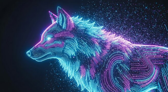 Neon Digital Illustration of Glowing Futuristic Wolf Head in Blue and Purple Tones