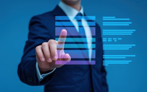 Businessman in a suit pointing at a glowing futuristic virtual document on a digital touchscreen interface