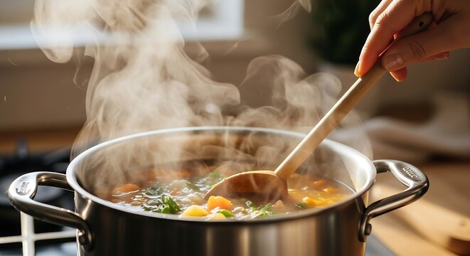 Steaming Pot of Vegetable Soup with Wooden Spoon in Kitchen