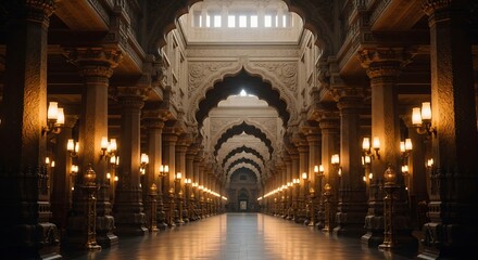 Obraz premium Grand Ornate Palace Hall with Illuminated Columns and Arched Ceilings in Warm Lighting