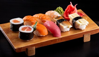 assorted sushi platter with nigiri and rolls on wooden board