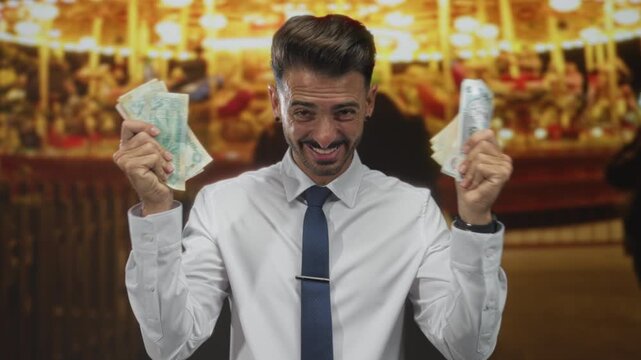 Young hispanic man holds uae dirham banknote fanned in both hands on a crowded street at night; excitement.