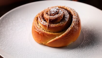 delicious cinnamon roll on a white plate with sugar crystals and bite mark