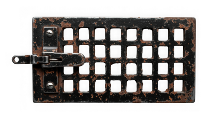 Rusty metal cage door with latch isolated on transparent background