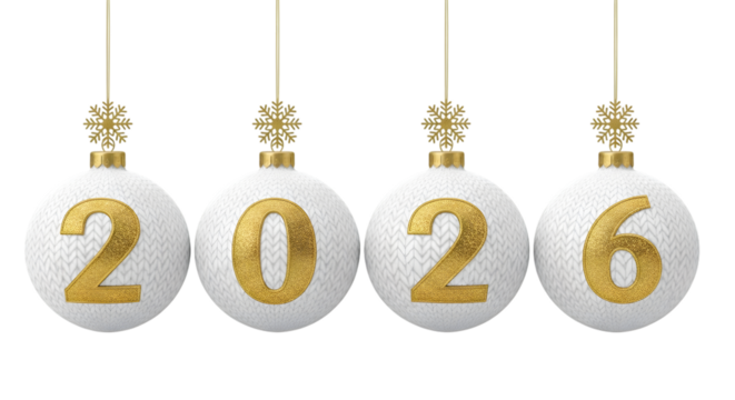 White knitted Christmas ornaments with gold numbers 2026 and snowflakes isolated on a transparent background