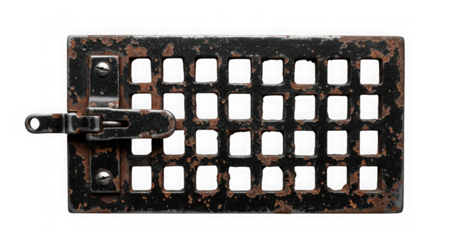 Rusty metal cage door with latch isolated on transparent background
