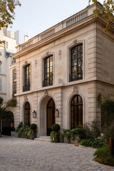 Elegant historic building exterior with arched entry and windows daylight shot