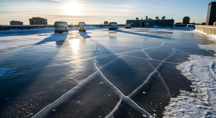 Ice sheet on rooftop with melting snow and sun reflection  
