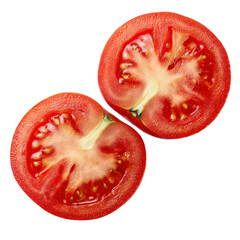 Two fresh red tomato halves displayed on a black background. The image highlights the juicy texture, seeds, and vibrant color, showcasing the natural freshness and ripeness of the tomatoes.