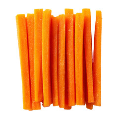 A close-up image of neatly arranged fresh carrot sticks isolated on a clean background, showcasing their bright orange color and crisp texture. Perfect for themes related to healthy eating, 