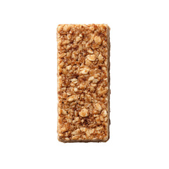 A close-up image of a crunchy granola bar isolated on a clean background, highlighting its oat and nut texture. Perfect for themes related to healthy snacks, nutrition bars, organic food, 