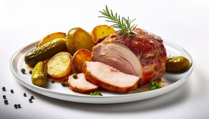 savory roasted pork loin with seasoned potatoes and pickles on white plate