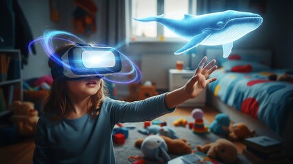 Virtual Reality Adventure: A young girl wearing a VR headset reaches out to touch a holographic whale floating in her bedroom, exploring the wonders of virtual reality.