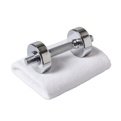 A high-quality studio image of a chrome dumbbell placed on a neatly folded white towel, isolated on a clean background. Ideal for themes related to fitness, strength training, gym equipment, wellness,