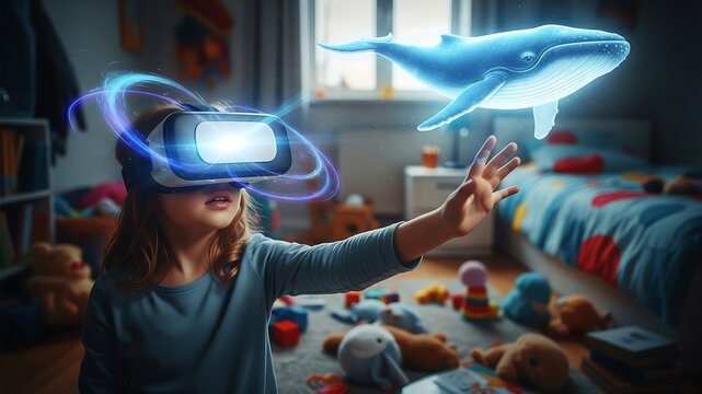Virtual Reality Adventure: A young girl wearing a VR headset reaches out to touch a holographic whale floating in her bedroom, exploring the wonders of virtual reality.