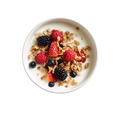 A top-down view of a white bowl filled with creamy yogurt topped with granola, fresh raspberries, blueberries, and blackberries. 