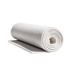 A rolled beige yoga mat isolated on a white background. 