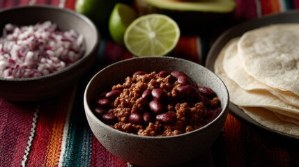 Savory chili with beans, vivid fiesta tapestry, Dia de los Muertos flavor celebration, multicultural culinary tapestry unfolding