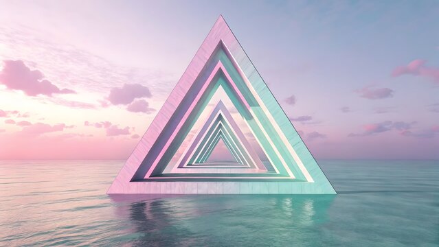 Surreal geometric pyramid structure with nested triangular shapes emerging from a calm ocean surface under a pastel sky