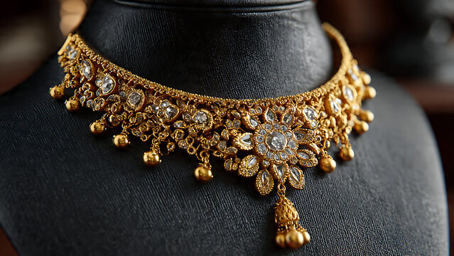 Intricately Detailed Gold Choker Necklace with Diamond and Drop Embellishments on Mannequin