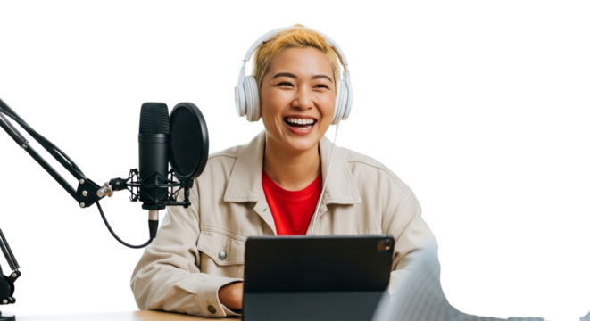 Young woman with headphones enthusiastically laughing while recording a podcast, isolated on transparent background