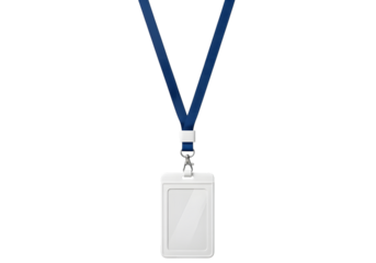 White plastic badge holder with blue lanyard and metal clip isolated on a transparent background identification
