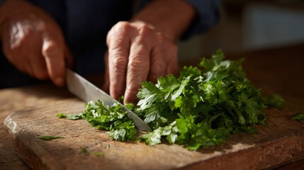 Carving emerald parsley under Tuscan sun, skilled Hispanic male hands prepare vibrant salsa for La Tomatina celebration