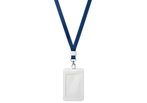 White plastic badge holder with blue lanyard and metal clip isolated on a transparent background identification