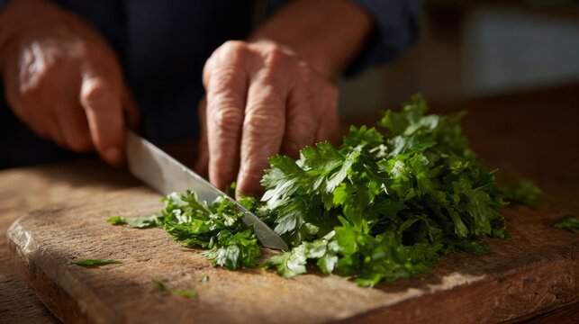 Carving emerald parsley under Tuscan sun, skilled Hispanic male hands prepare vibrant salsa for La Tomatina celebration