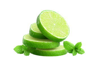 Stacked Lime Slices with Mint Leaves isolated on a transparent background