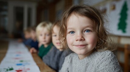 A young Caucasian girl in cozy knitwear, eyes sparkling with St Lucia Day mischief, Scandinavian yuletide magic unfolding