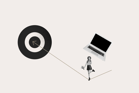 Collage showing creative concept of business growth and success with over rising arrow chart goal aim hitting center - Powered by Adobe