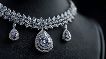 Exquisite Diamond Necklace and Earring Set, Luxury Bridal Jewelry on Black Mannequin