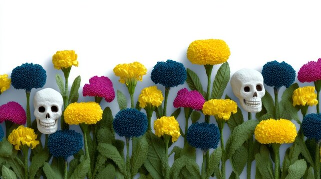 Whimsical marigold and skull garden, vibrant colors celebrate Dia de los Muertos and eternal rebirth amidst floral serenity