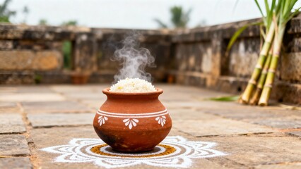 Clay pot of steaming rice decorated with rangoli for Pongal festival