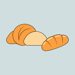Simple cartoon illustration of a croissant a bun and a baguette