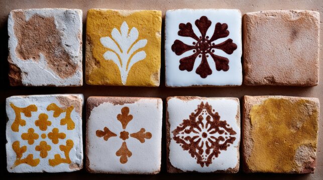 Aged terracotta tiles with ornate patterns evoke Mediterranean charm, ideal for cultural history buffs, World Heritage Day enthusiasts