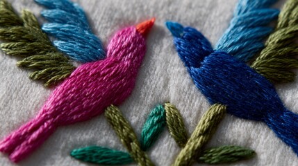 Vibrant embroidered birds dance on fabric canvas, weaving tales of spring equinox and fiesta traditions in thread