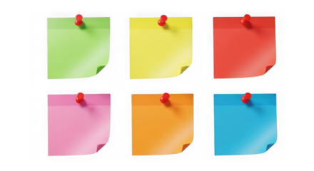 Six colorful sticky notes pinned on a transparent background isolated on transparent background