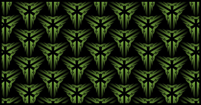 Green geometric seamless pattern with sharp symmetrical lines forming abstract shapes on a dark background, ideal for modern decorative uses.