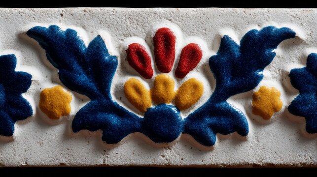 Ornate Talavera tile design, vibrant blues and reds evoke Mexican fiesta flair, echoing Cinco de Mayo and Dia de la Raza