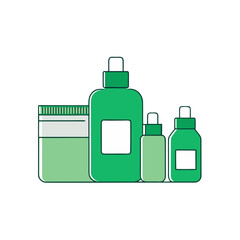 Green cosmetic bottles and jar with white labels on black background