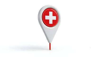 Vector graphic of blood donation location pin marker with red cross symbol isolated on white background for mapping