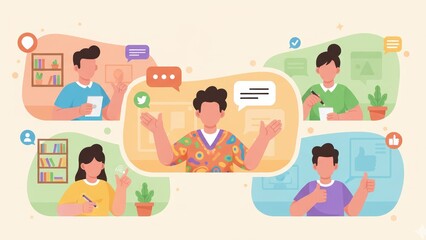 A colorful virtual mentoring scene with cartoon windows and icons showing teamwork for online education and e-learning