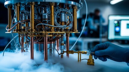 Quantum Computing Innovation: A technician in a laboratory adjusts the intricate cooling system of a quantum computer, surrounded by cryogenic vapor and high-tech equipment.