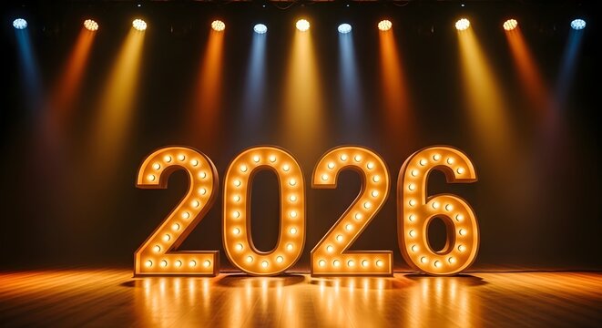 Illuminated marquee numbers 2026 glowing on stage with dramatic spotlight lighting