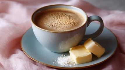 Blue ceramic cup of coffee on a light blue saucer. the cup is filled with a dark brown liquid, which appears to be a latte or cappuccino.